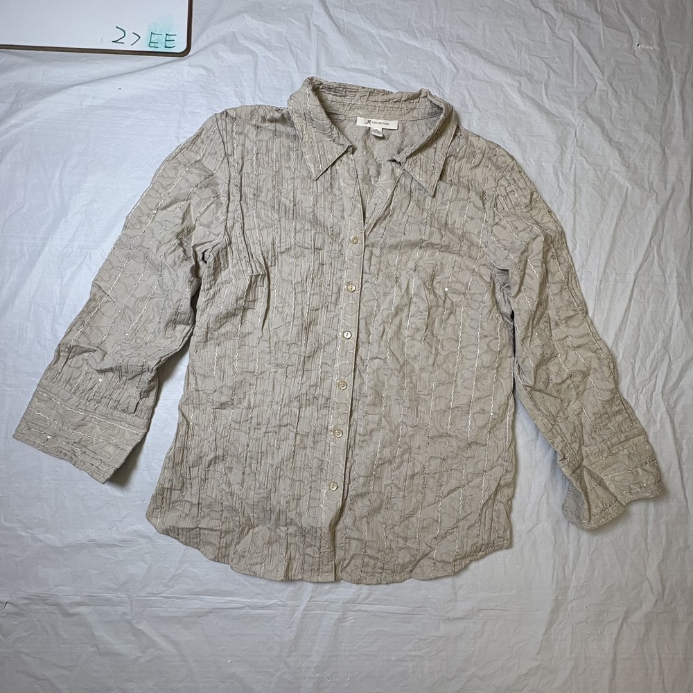 JM‎ Collection Womens 3/4 sleeve button up blouse floral size 12 beige